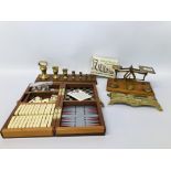 VINTAGE BRASS SCALES, SET OF BRASS BELL WEIGHTS AND STAND,