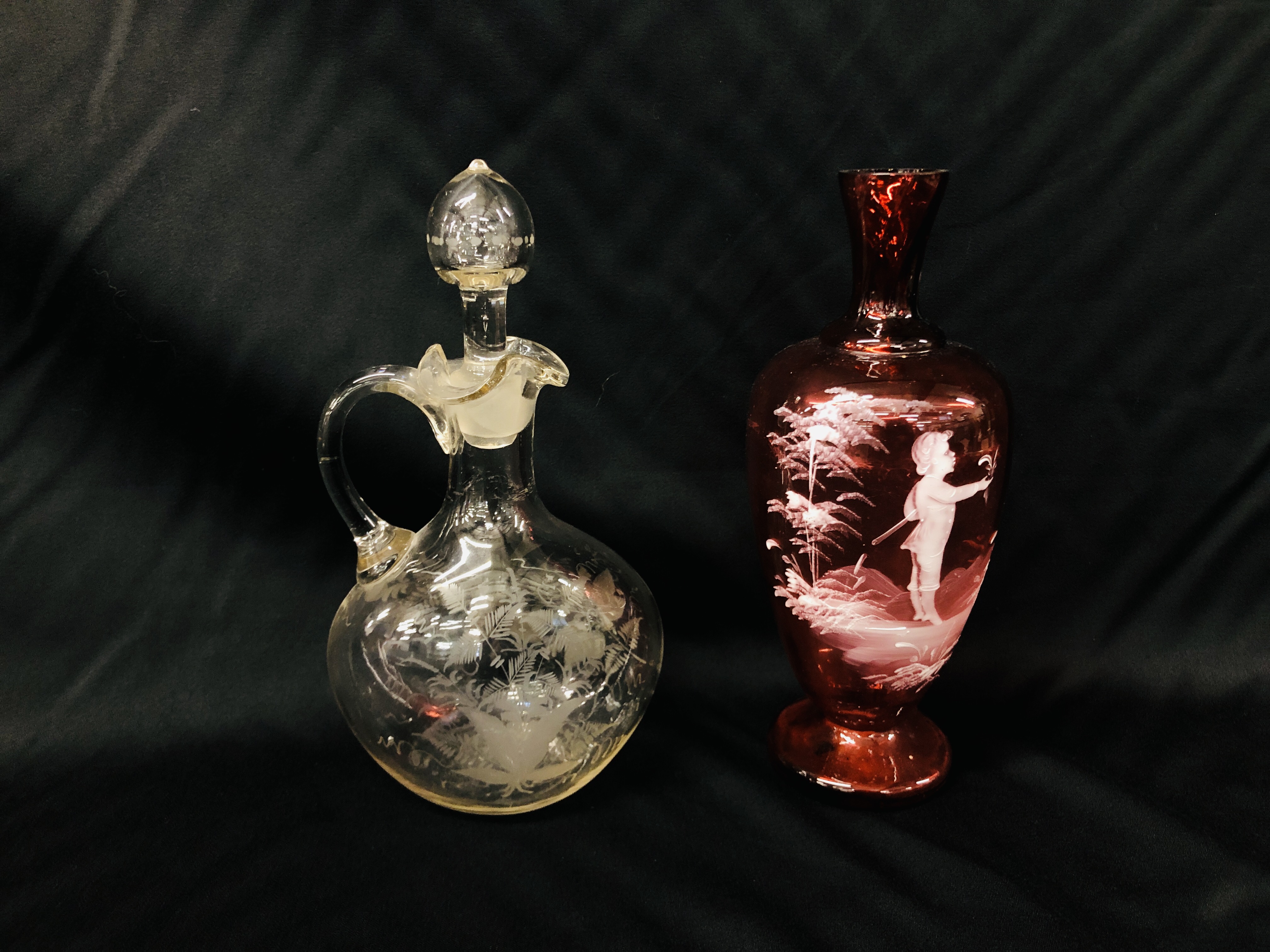 MARY GREGORY CRANBERRY VASE, VINTAGE CLEAR GLASS DECANTER WITH ETCHED FERN AND BIRD DESIGN.