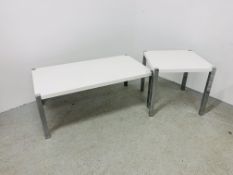 TWO DESIGNER HIGH GLOSS WHITE AND CHROME OCCASIONAL TABLES (LAMP TABLE - W 56CM. D 56CM. H 52CM.