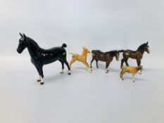 A GROUP OF FIVE BESWICK ANIMAL FIGURES PALAMINO FOAL, JERSEY CALF, BROWN FOAL, "BLACK MAGIC" HORSE,