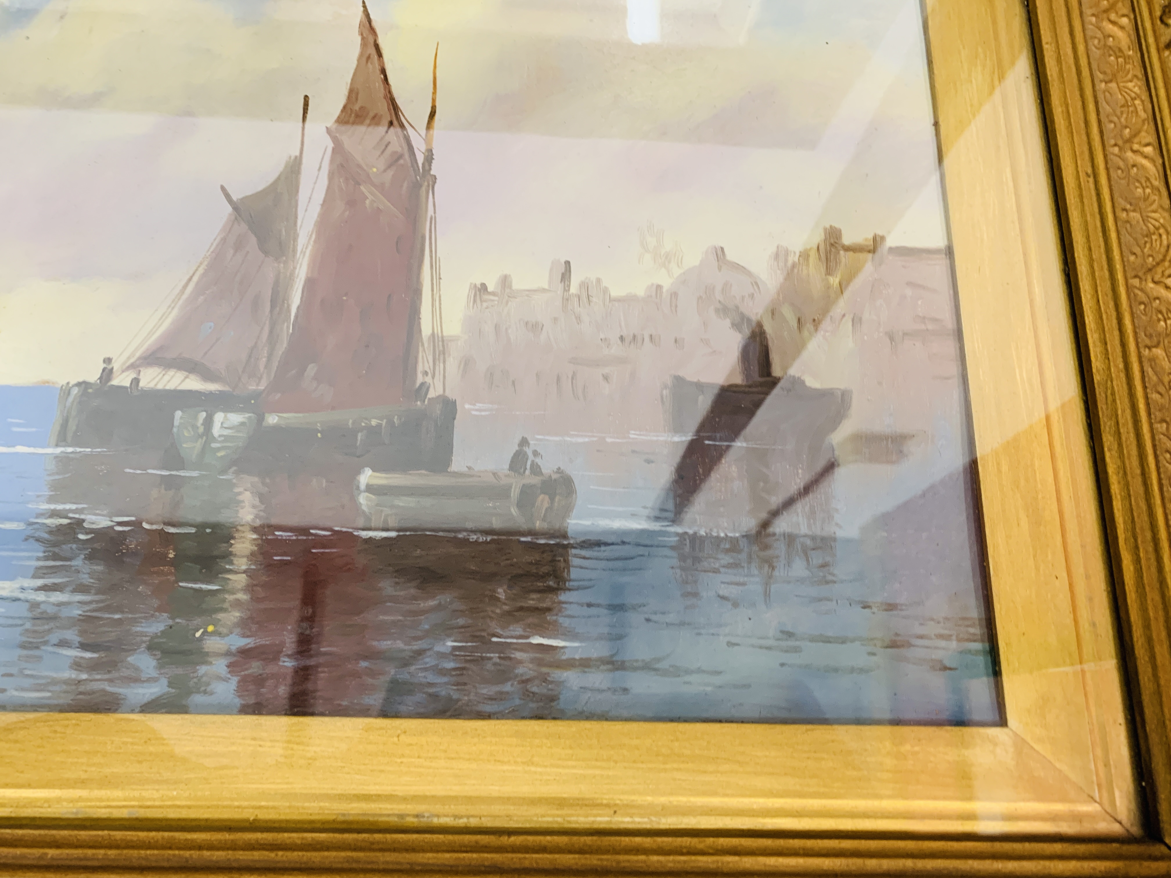 A PAIR OF GILT FRAMED OIL ON BOARD DEPICTING SAILING BOATS 59CM X 29CM. - Image 10 of 13