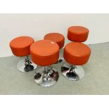 5 X RED RETRO STYLE ADJUSTABLE STOOLS, ON A CHROME BASE.