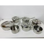 BOX OF GOOD QUALITY STAINLESS STEEL SAUCEPANS TO INCLUDE 6 DEMEYERE SAUCEPANS AND ONE HACKMAN