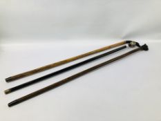 3 X VINTAGE WALKING STICKS TO INCLUDE A BRONZED GREYHOUND,