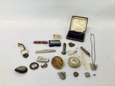 A QUANTITY OF VINTAGE JEWELLERY AND COLLECTABLE COMPRISING A PIN CUSHION, TEETHING RING,