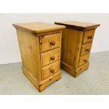 A PAIR OF SOLID HONEY PINE THREE DRAWER BEDSIDE CHESTS MANUFACTURED BY LINDALE FURNISHINGS EACH W