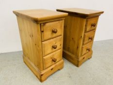 A PAIR OF SOLID HONEY PINE THREE DRAWER BEDSIDE CHESTS MANUFACTURED BY LINDALE FURNISHINGS EACH W