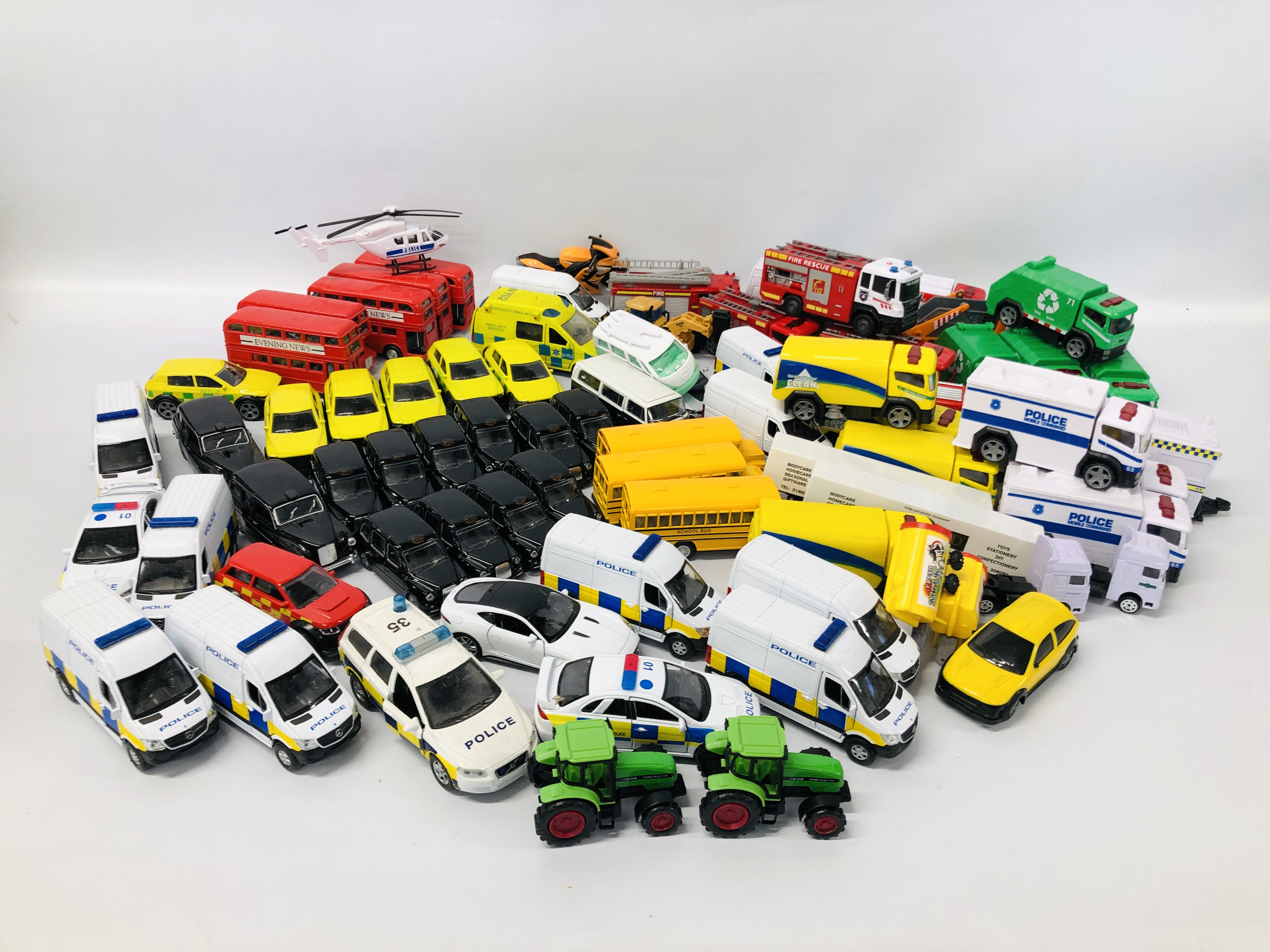 2 BOXES OF ASSORTED MAINLY DIE-CAST MODEL VEHICLES TO INCLUDE ADVERTISING VANS, FIRE ENGINES,