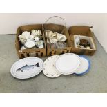 3 X BOXES OF ASSORTED SUNDRY CHINA AND GLASS WARE TO INCLUDE WEDGWOOD COFFEE CANS,