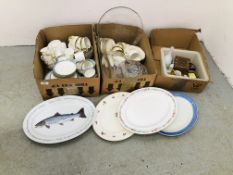 3 X BOXES OF ASSORTED SUNDRY CHINA AND GLASS WARE TO INCLUDE WEDGWOOD COFFEE CANS,
