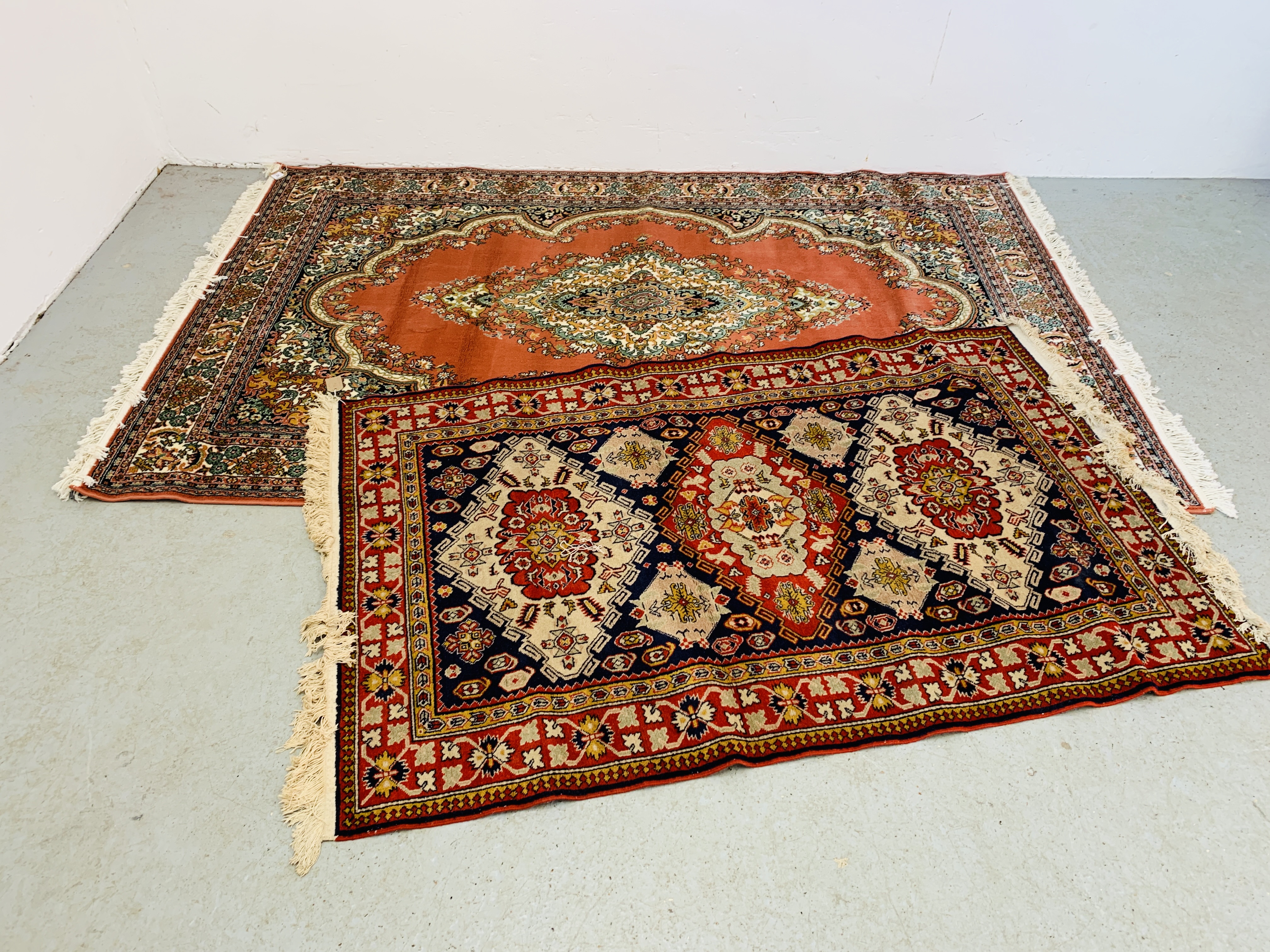 2 VARIOUS ORIENTAL AND EASTERN RUGS INCLUDING RED BACKGROUND 150CM. X 230CM.