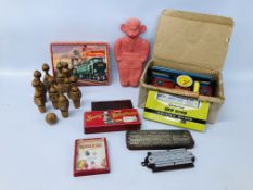 BOX OF ASSORTED VINTAGE TOYS AND GAMES TO INCLUDE A METTYPE TIN PLATE TOY TYPEWRITER IN ORIGINAL
