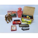 BOX OF ASSORTED VINTAGE TOYS AND GAMES TO INCLUDE A METTYPE TIN PLATE TOY TYPEWRITER IN ORIGINAL