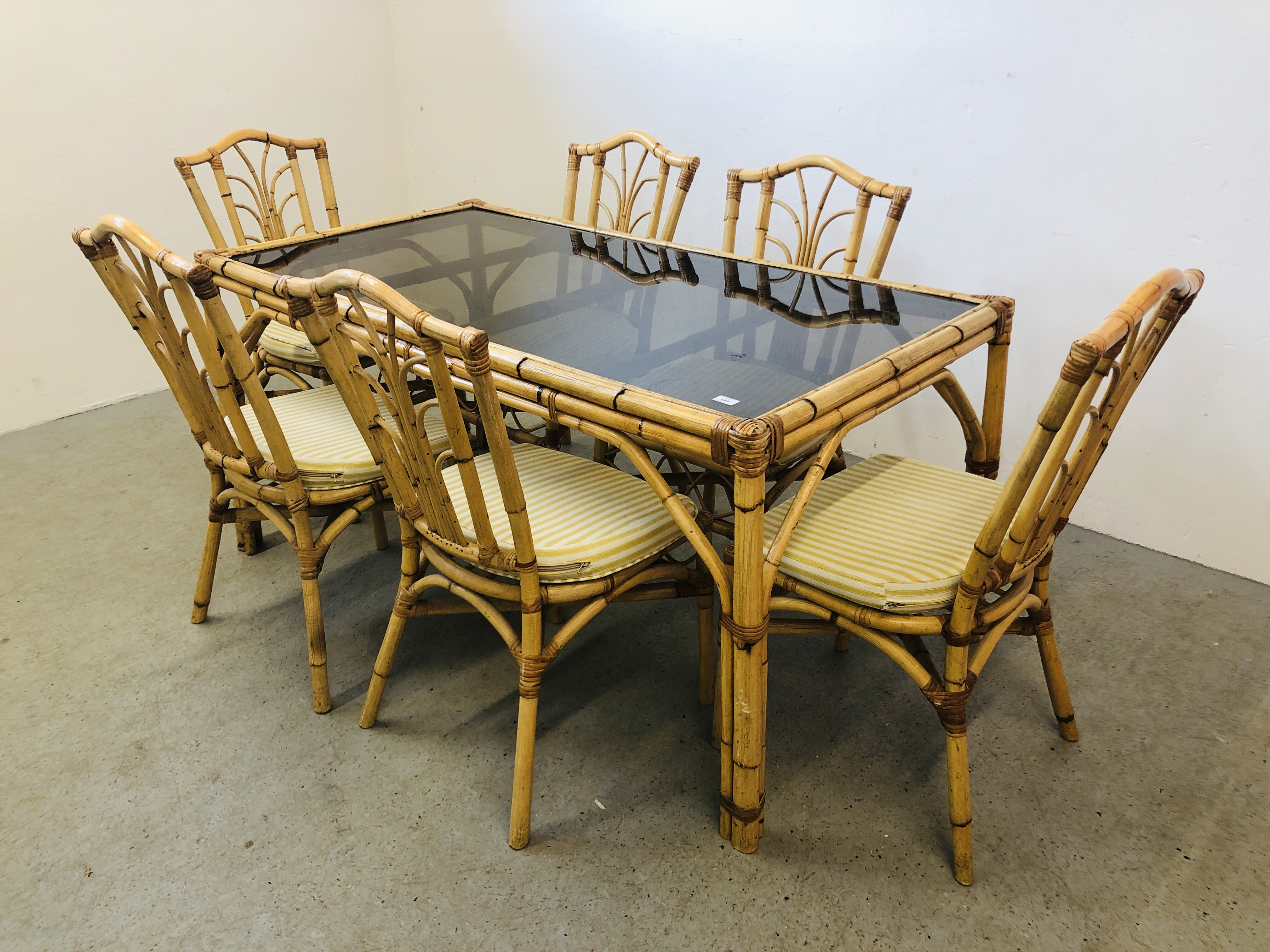 A BAMBOO FRAMED DINING SET - THE RECTANGULAR DINING TABLE WITH SMOKED GLASS TO TOP 160 X 85 CM. - Image 6 of 6