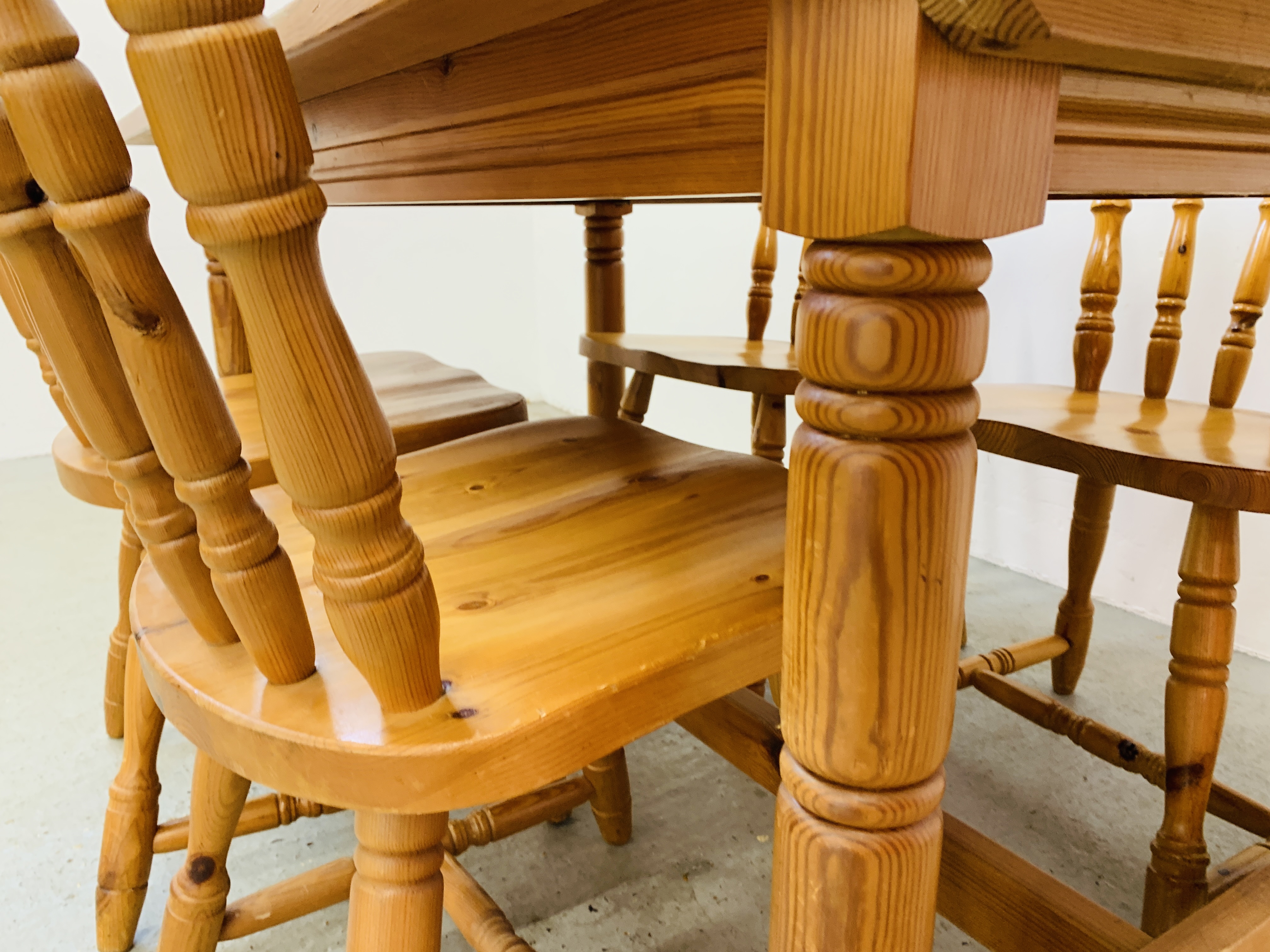 A PINE KITCHEN TABLE COMPLETE WITH FOUR SOLID PINE KITCHEN CHAIRS (TABLE 152CM. X 76CM. - Image 5 of 14