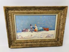 FRAMED OIL ON BOARD "BEACH SCENE" BEARING SIGNATURE CHATTEN WIDTH39CM. HEIGHT 24CM.