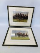 TWO FRAMED AND MOUNTED LIMITED EDITION HORSE RACING PRINTS EACH 25 X 35CM.