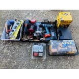 A COLLECTION OF WORKSHOP TOOLS TO INCLUDE DRILL SHARPENER, ROLSON LOW RECHARGEABLE WORK LIGHT,