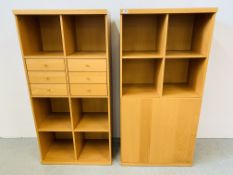 TWO MODERN BEECHWOOD FINISH HOME STORAGE UNITS EACH WIDTH 72CM. DEPTH 42CM. HEIGHT 146CM.