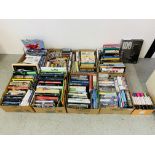 EIGHT BOXES CONTAINING AN ASSORTMENT OF BOOKS AND DVD'S TO INCLUDE HARD BACKS, FICTION, PENGUIN,