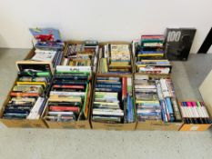 EIGHT BOXES CONTAINING AN ASSORTMENT OF BOOKS AND DVD'S TO INCLUDE HARD BACKS, FICTION, PENGUIN,