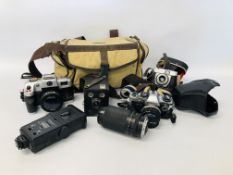 COLLECTION OF CAMERA EQUIPMENT TO INCLUDE OLYMPUS OM10, VARIOUS LENSES, CANOMATICA, BROWNIE JUNIOR,