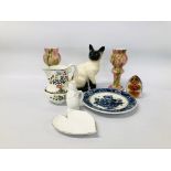 BESWICK SIAMESE CAT, DELFT PLATE, PAIR ART GLASS VASES, ART GLASS PAPERWEIGHT, DOULTON HEART DISH,