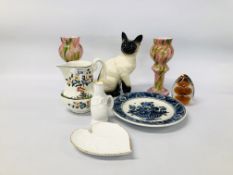 BESWICK SIAMESE CAT, DELFT PLATE, PAIR ART GLASS VASES, ART GLASS PAPERWEIGHT, DOULTON HEART DISH,