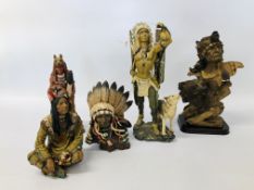 COLLECTION OF 5 INDIAN ORNAMENTS TO INCLUDE CHIEFS, HUNTERS, ETC.