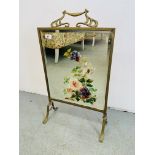 VINTAGE BRASS FRAMED FIRE SCREEN WITH BEVELLED GLASS AND FLOWER PAINTING