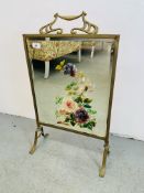 VINTAGE BRASS FRAMED FIRE SCREEN WITH BEVELLED GLASS AND FLOWER PAINTING