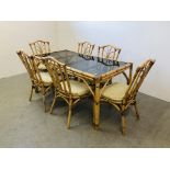 A BAMBOO FRAMED DINING SET - THE RECTANGULAR DINING TABLE WITH SMOKED GLASS TO TOP 160 X 85 CM.