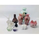 COLLECTION OF GLASS TO INCLUDE 2 PAPER WEIGHTS, WEDGWOOD ELEPHANT, PAIR OF PINK GLASS VASES,