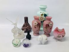 COLLECTION OF GLASS TO INCLUDE 2 PAPER WEIGHTS, WEDGWOOD ELEPHANT, PAIR OF PINK GLASS VASES,