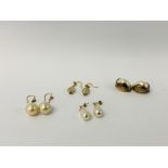 PAIR OF SILVER GILT CLIP ON PEARL STYLE EARRINGS AND A FURTHER THREE PAIRS OF DROP STYLE EARRINGS