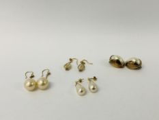 PAIR OF SILVER GILT CLIP ON PEARL STYLE EARRINGS AND A FURTHER THREE PAIRS OF DROP STYLE EARRINGS