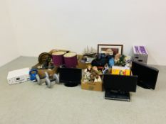 8 X BOXES OF ASSORTED HOMEWARES AND ELECTRICAL TO INCLUDE TABLE LAMPS, 2 X COMPUTER PRINTERS,