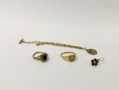 2 X 9CT GOLD RINGS, SINGLE 10K EARRING, BRACELET MARKED 9CT.