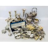 2 X BOXES OF QUALITY ASSORTED PLATED WARE AND LOOSE CUTLERY TO INCLUDE PAIR OF CANDLESTICKS,