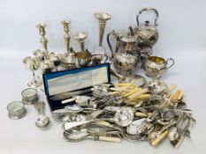 2 X BOXES OF QUALITY ASSORTED PLATED WARE AND LOOSE CUTLERY TO INCLUDE PAIR OF CANDLESTICKS,