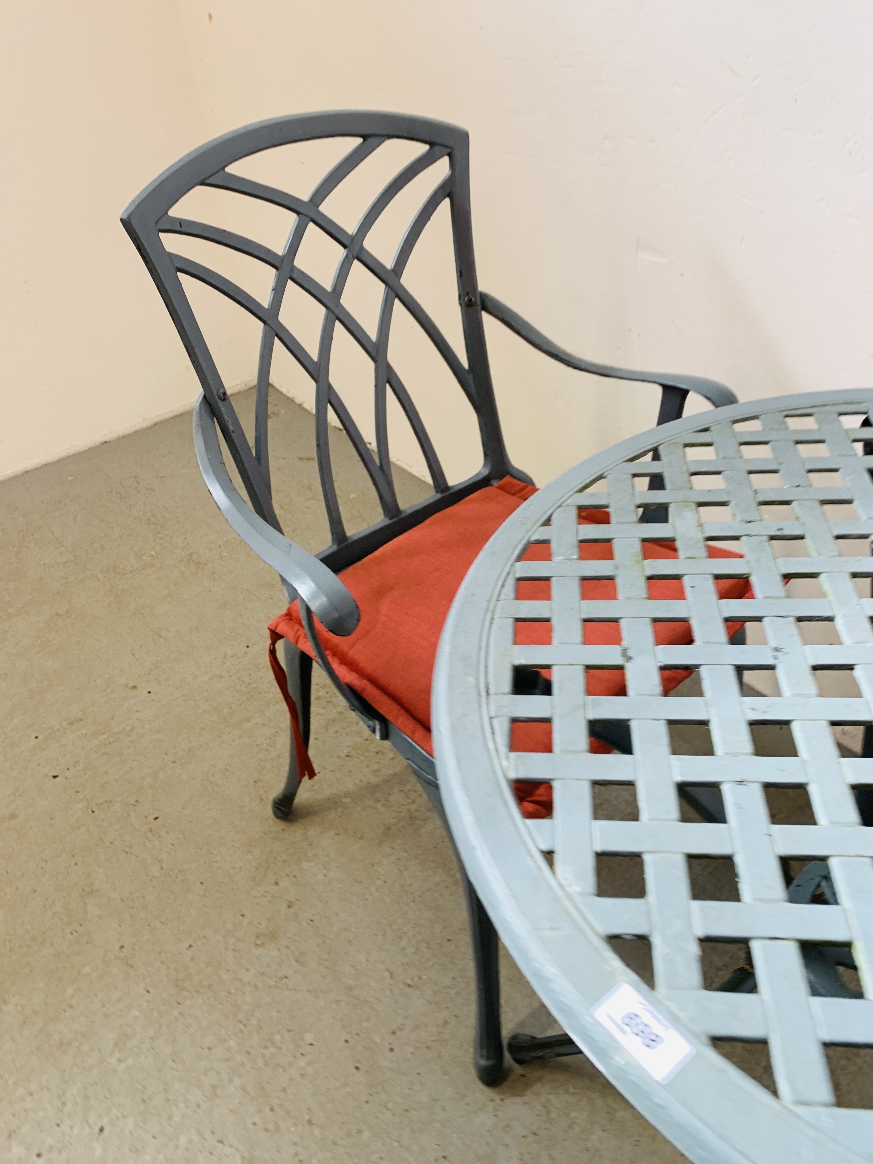 A CAST ALUMINIUM PATIO BISTRO SET COMPRISING CIRCULAR TABLE AND TWO CHAIRS WITH SEAT CUSHIONS - Image 5 of 6