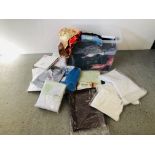 A BOX CONTAINING AS CLEARED FABRICS TO INCLUDE SOME AS NEW CURTAINS, PILLOW PROTECTORS, ETC.