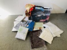 A BOX CONTAINING AS CLEARED FABRICS TO INCLUDE SOME AS NEW CURTAINS, PILLOW PROTECTORS, ETC.