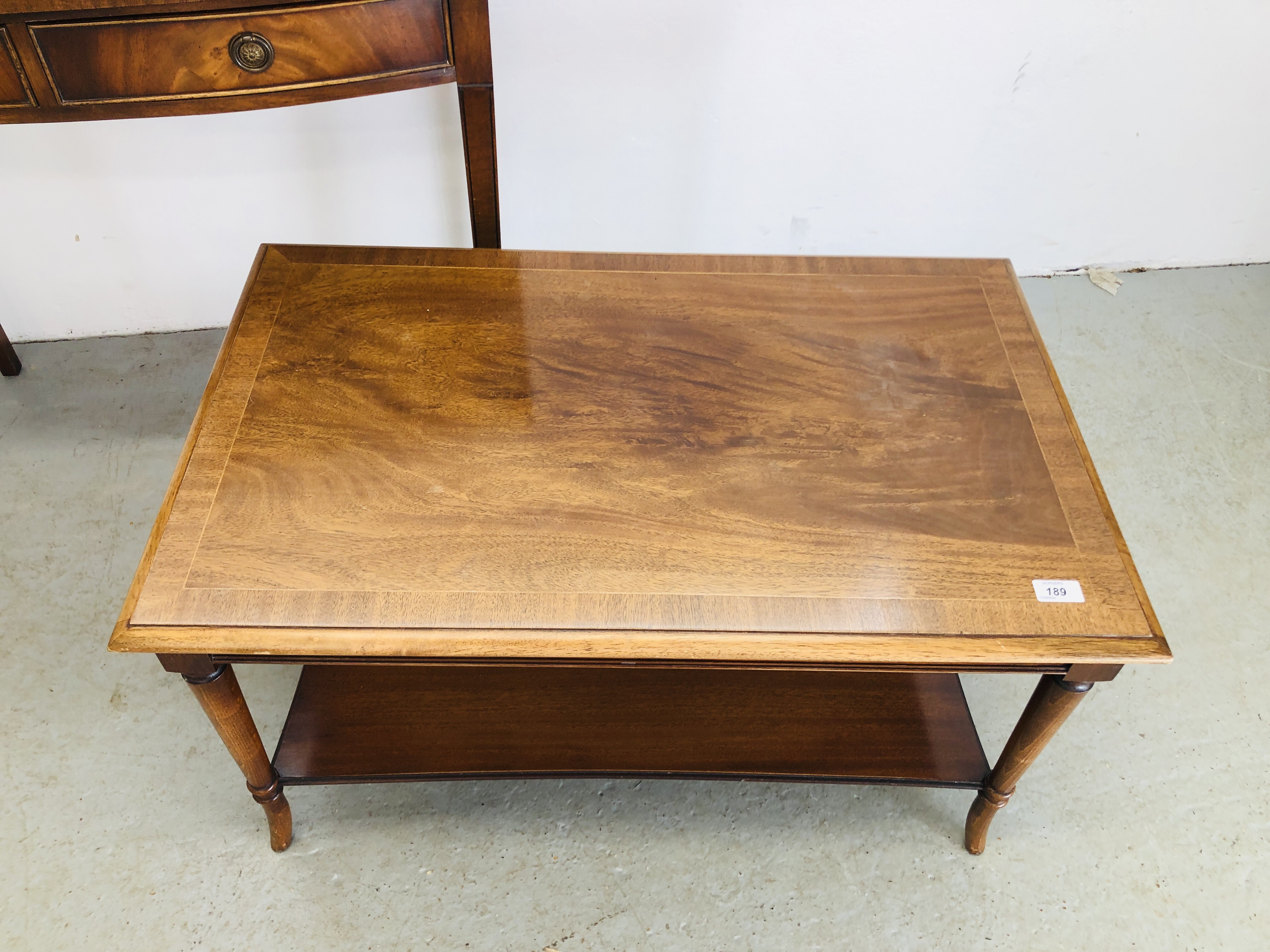 REPRODUCTION MAHOGANY FINISH COFFEE TABLE, BRADLEY MAKERS LABEL H 48CM, W 55CM, - Image 2 of 13