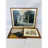 FRAMED OIL ON BOARD "STEAM TRAIN" C.C.J. 1956, WATERCOLOUR "THATCHED COTTAGE" BEARING SIGNATURE H.
