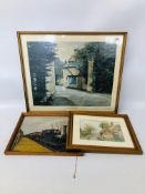 FRAMED OIL ON BOARD "STEAM TRAIN" C.C.J. 1956, WATERCOLOUR "THATCHED COTTAGE" BEARING SIGNATURE H.