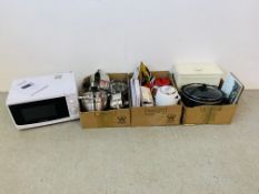 A COOKWORK COMPACT MICROWAVE OVEN AND THREE BOXES OF KITCHEN WARE TO INCLUDE BREVILLE JUG KETTLE,