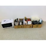 A COOKWORK COMPACT MICROWAVE OVEN AND THREE BOXES OF KITCHEN WARE TO INCLUDE BREVILLE JUG KETTLE,