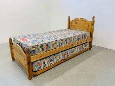 A GOOD QUALITY SOLID HONEY PINE SINGLE BEDSTEAD WITH AIR SPRUNG HERITAGE RENTAPINE MATTRESS WITH