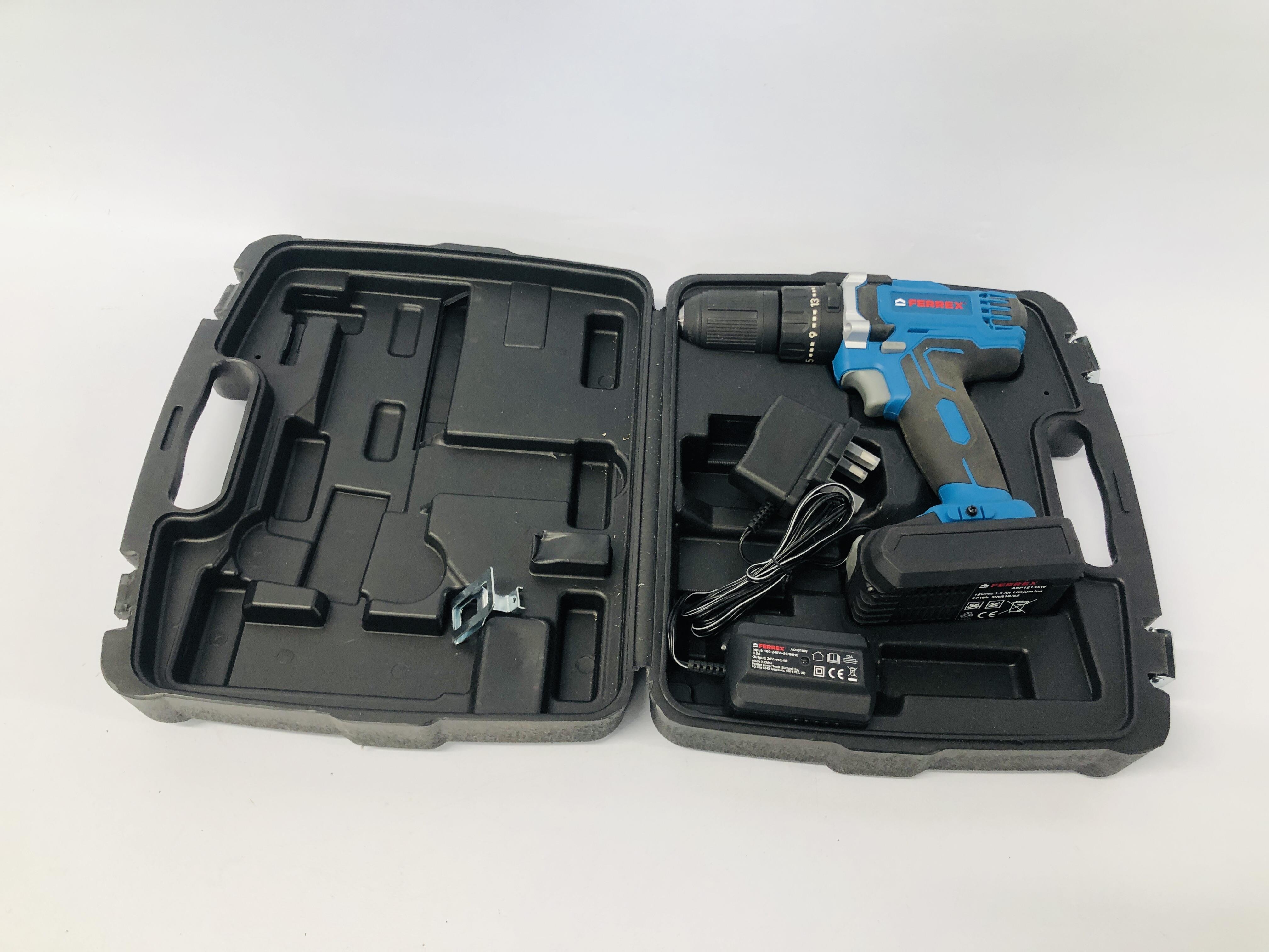 A FERREX 18V CORDLESS BATTERY DRILL COMPLETE WITH BATTERY AND CHERGER - SOLD AS SEEN